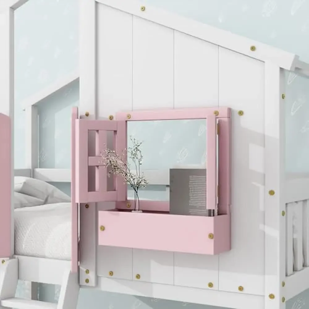 Maison en bois Lit double superposé avec fenêtres et portes, échelle, garde-corps de sécurité, rose et blanc, design recommandé, style moderne, 81.7 po x 57.8 po x