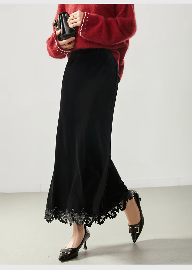 Natural Mulberry Silk Velvet Women's Half-length Skirt Lace Patchwork Elegant Stylish Long Skirt Urban Fashion, Romantic Casual.