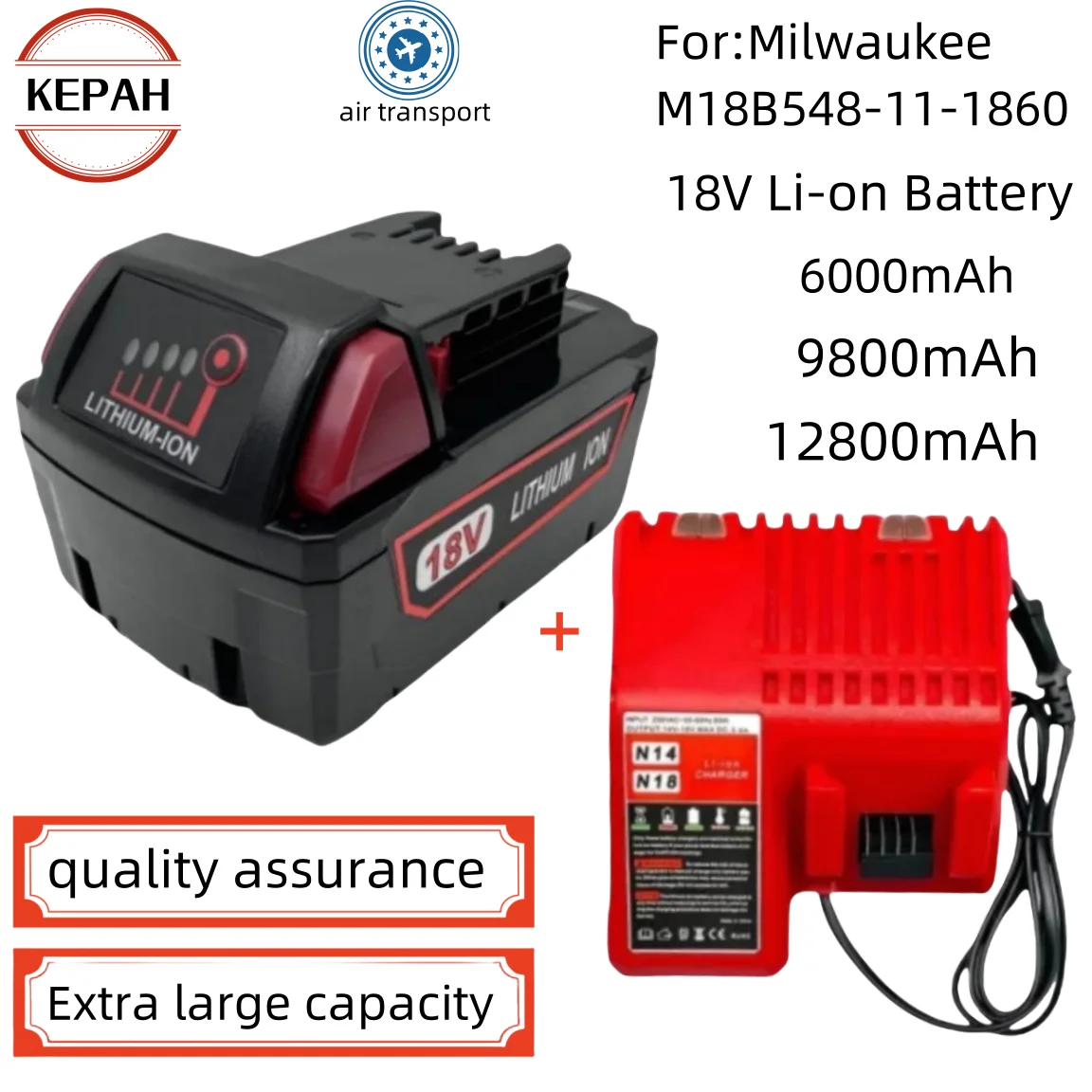 

For Milwaukee M18 Power Tool Battery, Charger, BR, XC, 18V, 6000mAh 9800mAH 12800mAH M18B5, 48-11-1860, Built-in 18650 Battery