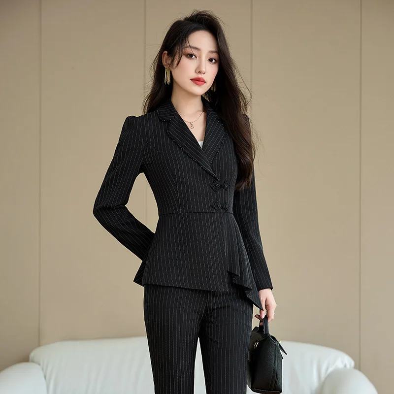 Black Striped Suit for Women New Style2024Autumn Winter High-End Slimming Professional Outfit Strong Aura Women's Formal Wear