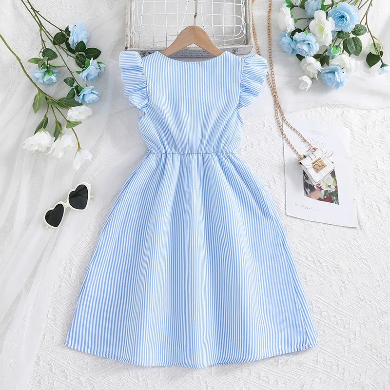 Summer New Light Blue Stripe Ruffled Sleeveless V-Neck Dress Elegant Cute Daily Casual Girl Dress