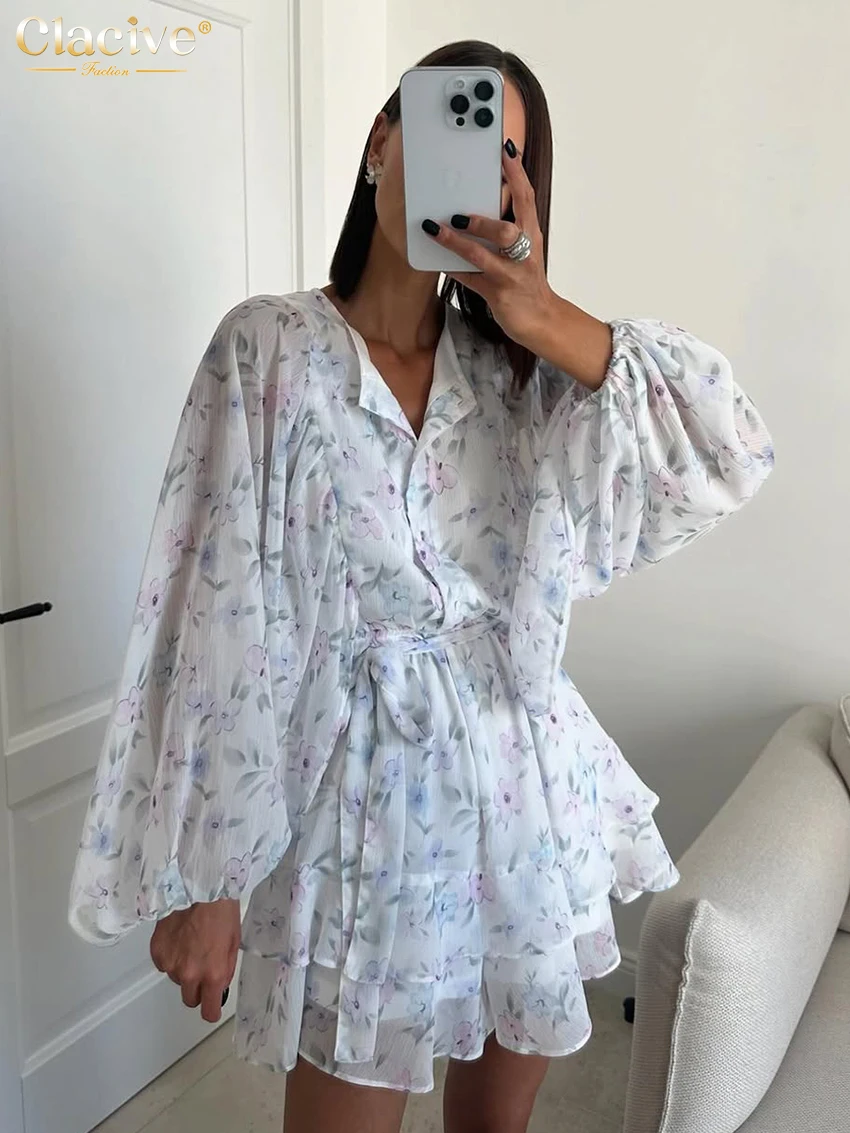 

Clacive Fashion Loose Print Women's Dress 2025 Casual O-Neck Long Sleeve Mini Dresses Lady Elegant Lace-Up Pleated Female Dress