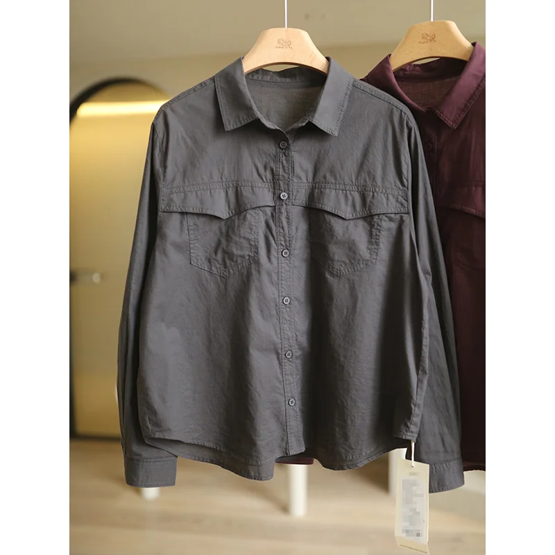Casual Cotton Long Sve irt Pure Color Square Collar Button up Spring Faion Women's Premium Loose Fit irt