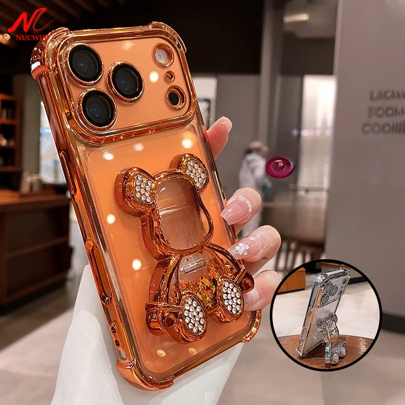 Niedliche Glitzer-Quicksand-Bären-Ständerhülle für iPhone 17 16 15 14 13 12 11 Pro Max Plus 17 Air Luxus-Plating Weiche TPU-Hülle