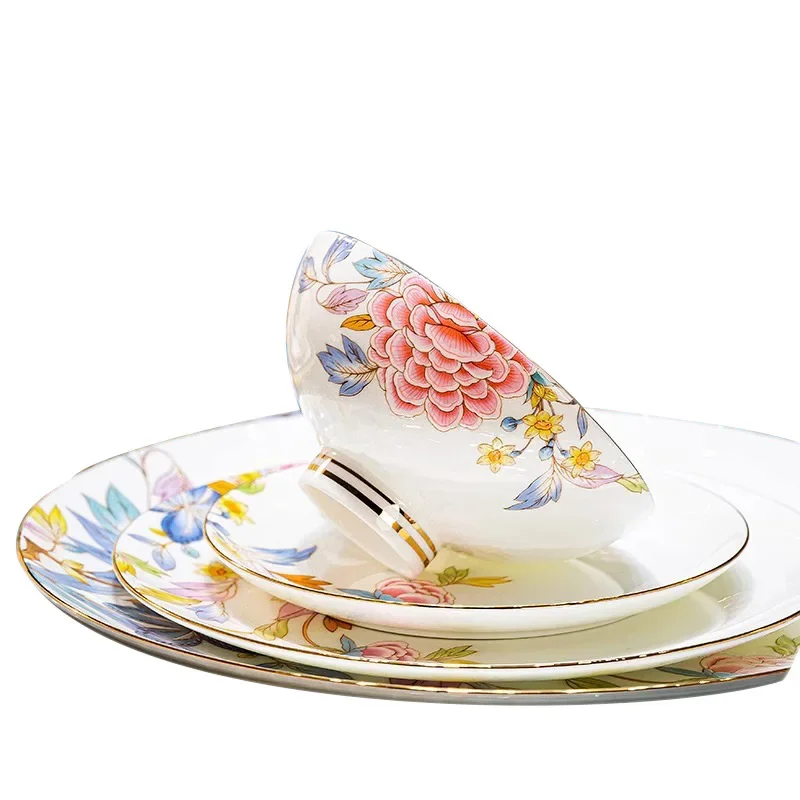 

Dishes and dishes set Household Jingdezhen bone china bowls and plates Light luxury high-end tableware set Housewarming gift