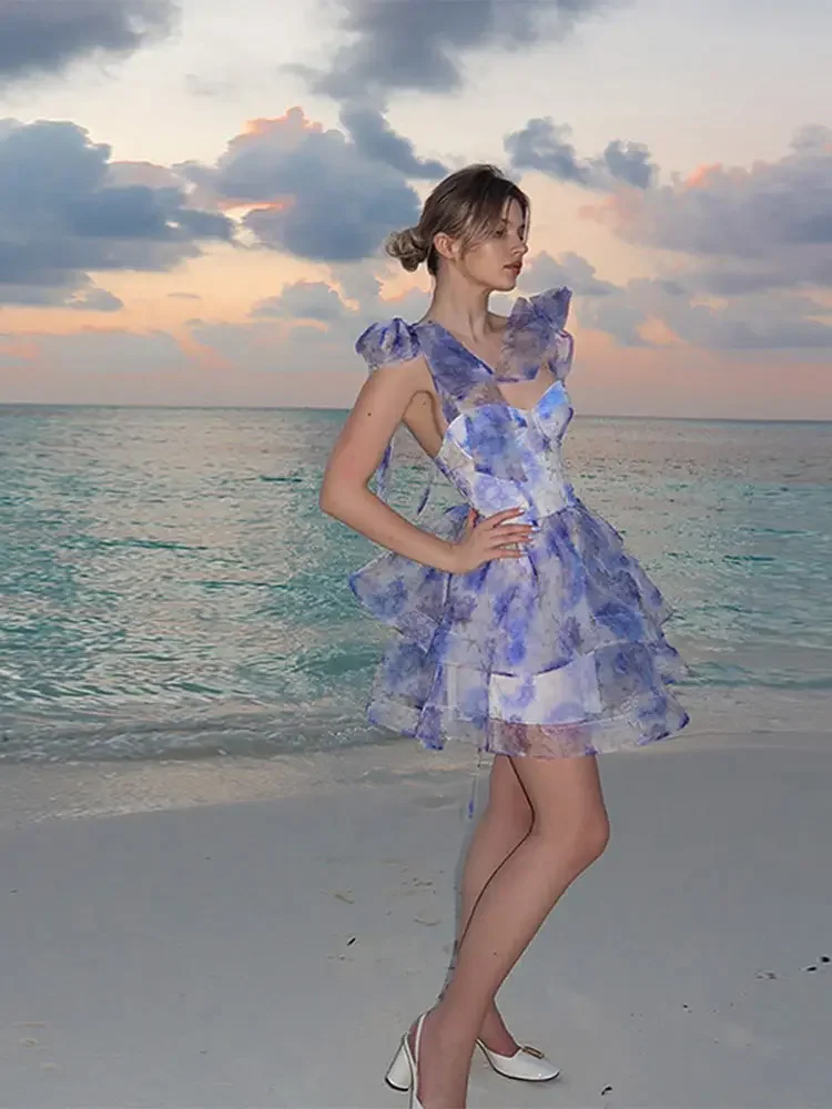 Impresso rendas até curto inchado halter vestido mulher sem costas magro plissado em camadas vestidos elegantes sexy moda feminina mini vestidos