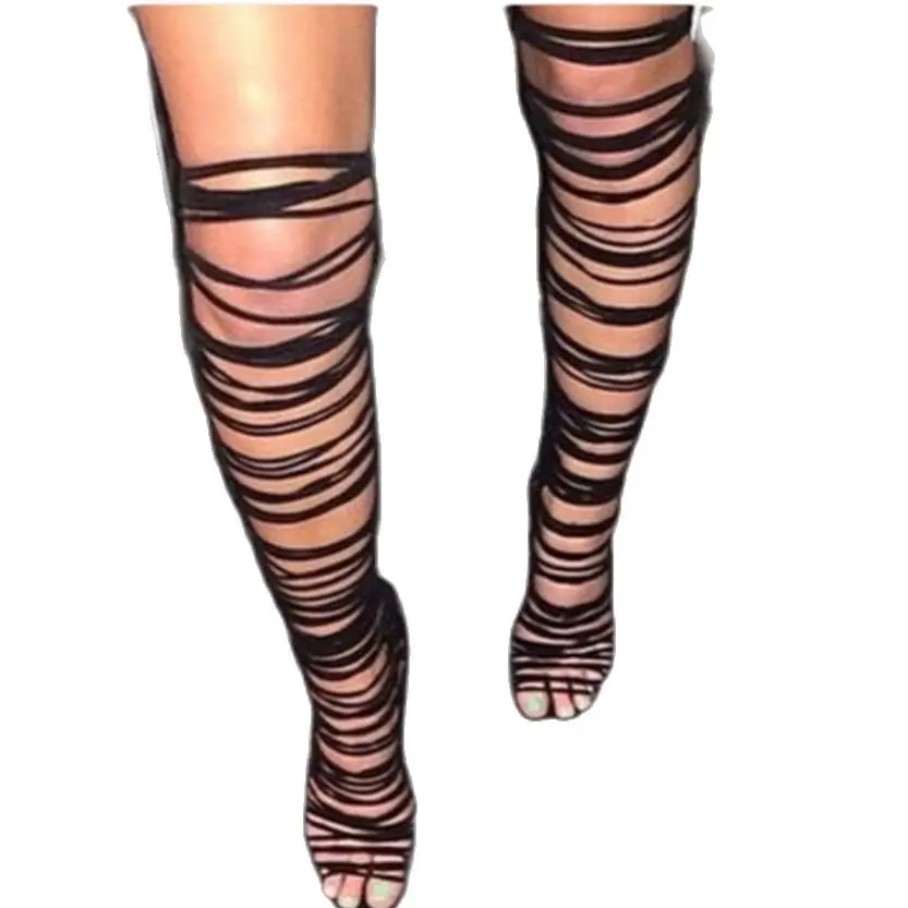 Hot selling solid color multi thin strap crisscross high heel knee high sandal boots fashion cut-outs back zipper sandals boots