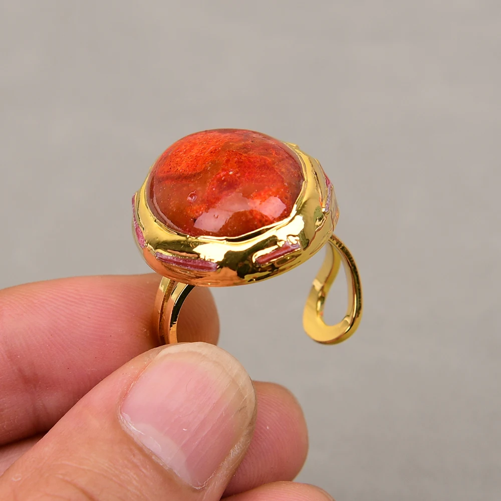 

G-G Big Natural Oval Red Spong Coral Rings Adjustable