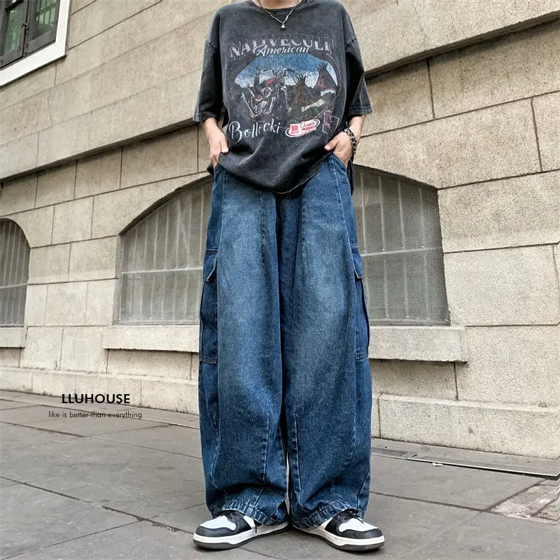 Y2k loose Japanese retro workwear jeans with trendy and personalized large pocket design for men and women hip-hop casual pants