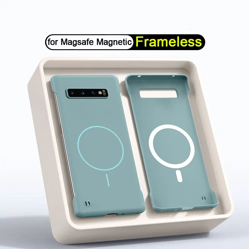 Para magsafe moldura-sem moldura caso de telefone para samsung s10 plus s20 + s21 fe s22 s23 nota 20 ultra fino sem moldura duro pc capa magnética