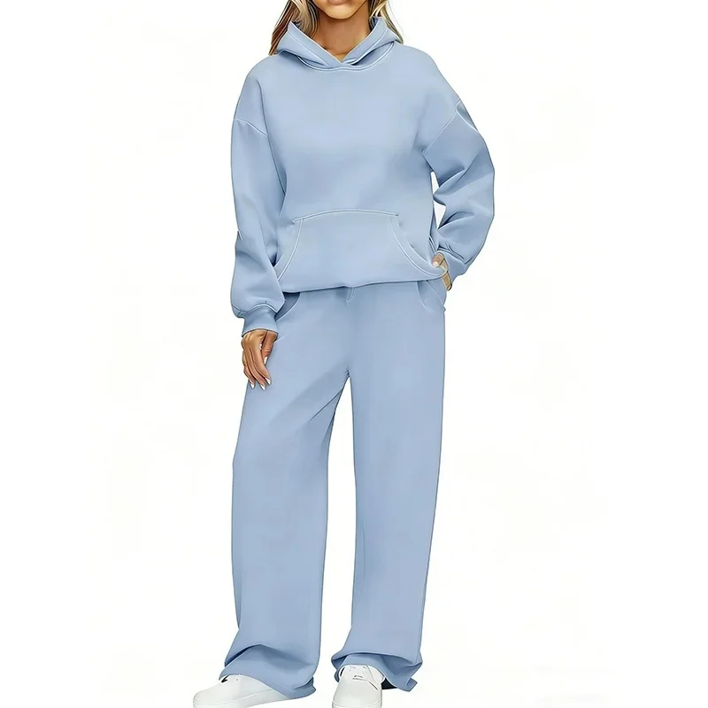 Herbst-Winter Damen Hoodie-Anzug + Weite Hose Zweiteiliges Set Frei Kombinierbar Langarm-Trainingsanzug mit Känguru-Tasche Damenanzug – Detail 15