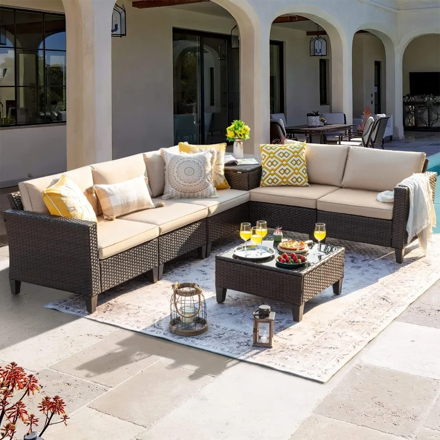 أريكة فناء فلامكر لأثاث الفناء من الخيزران مع خزانة تخزين ومجموعة محادثة للفناء الخارجي مع صندوق سطح للظهر #2