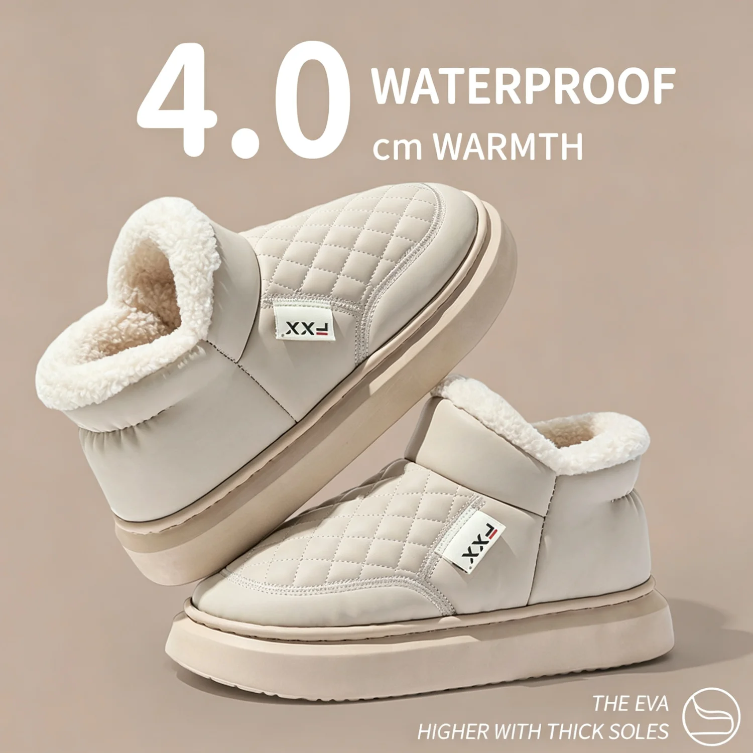 New Waterproof Windproof Down Fabric Slippers Women Men Winter Warm Outdoor Wear Thick Sole House Shoes Non-Slip Couple Clogs