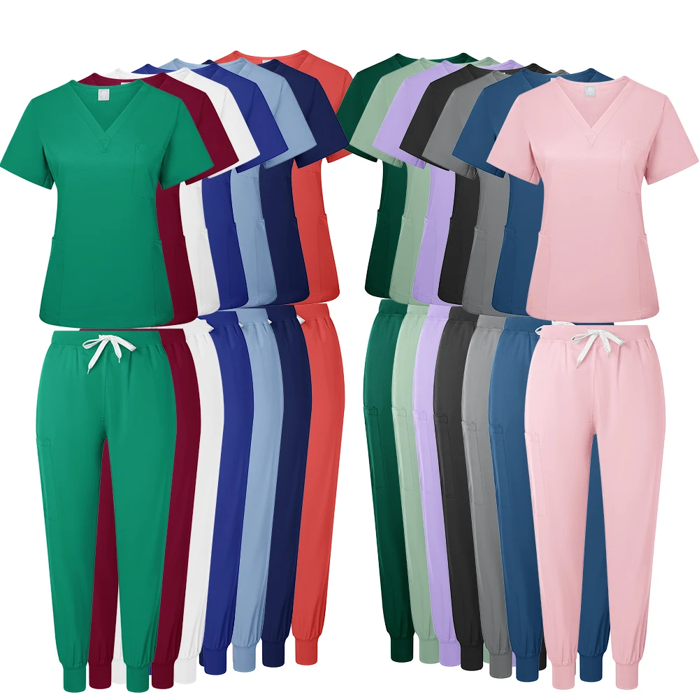 Love Women Four Pockets Medical Scrubs Set V-Neck Surgery Uniform Nurse Scrubs Suits Dental Scrubs Workwear with Jogger Pants