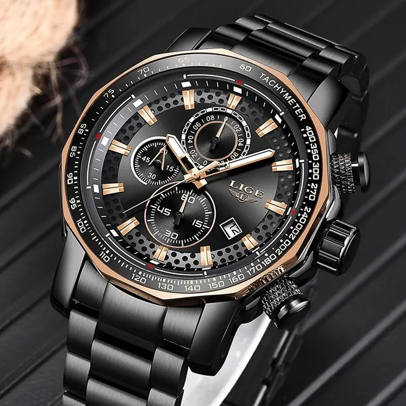 LIGE New Sport Chronograph Mens Watches Top Brand Luxury Full Steel Quartz Clock Waterproof Big Dial Watch Men Montre Homme