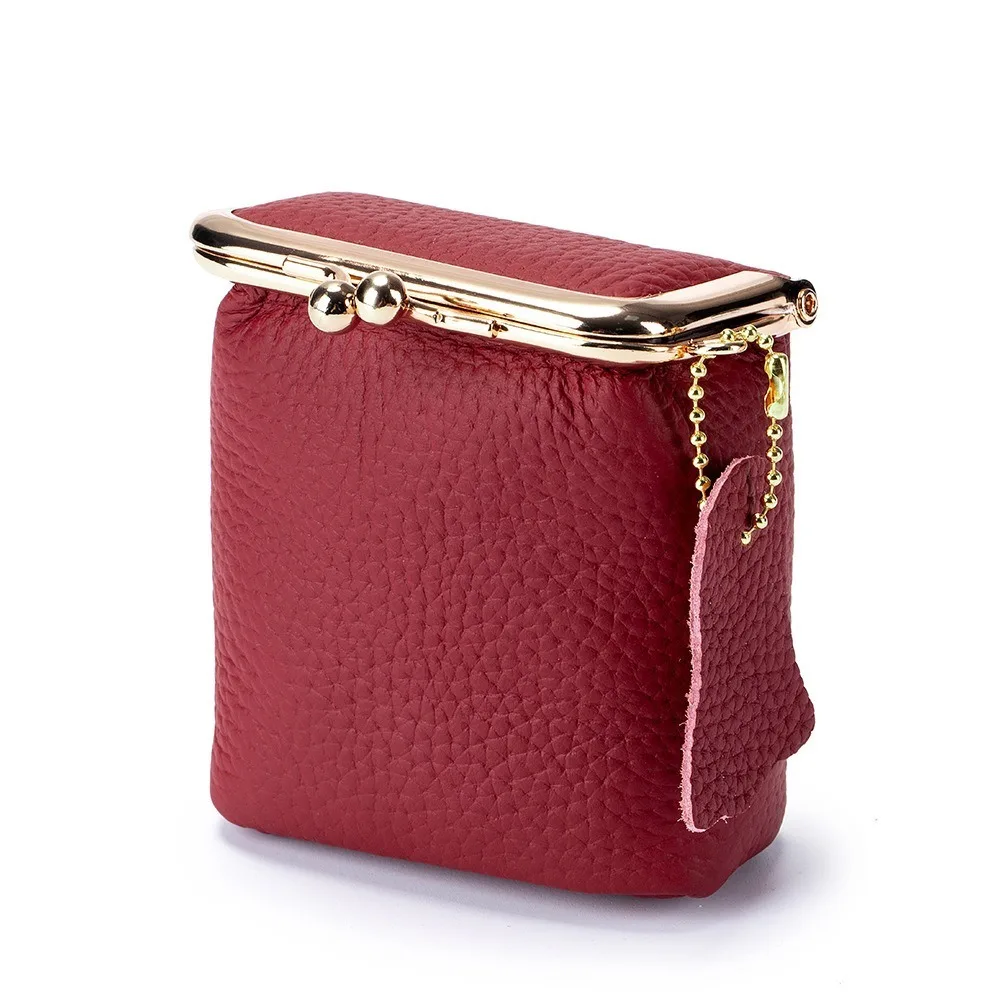 

Card Holder Full Grain Cow Leather Coin Purse Handbag Mini Lychee Pattern Purse Bag Kiss Clasp Lock Vintage Clutch Lipstick Bag