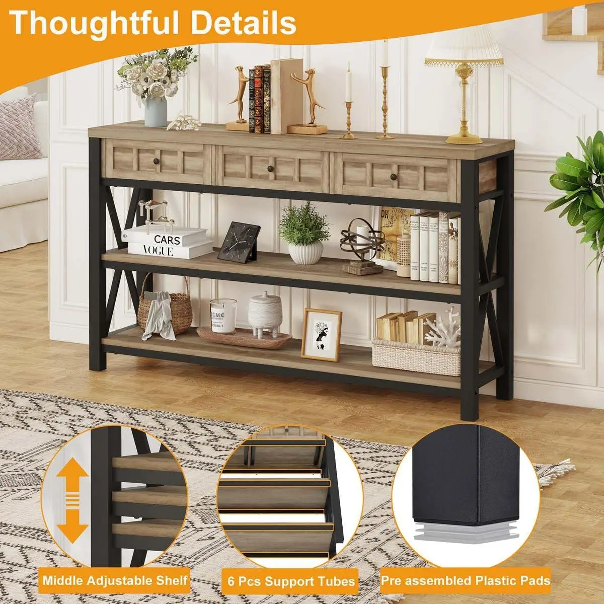 FATORRI Industrial Console Table for Entryway, Rustic Sofa Table with 3 Drawers for Living Room, Farmhouse Hallway Table