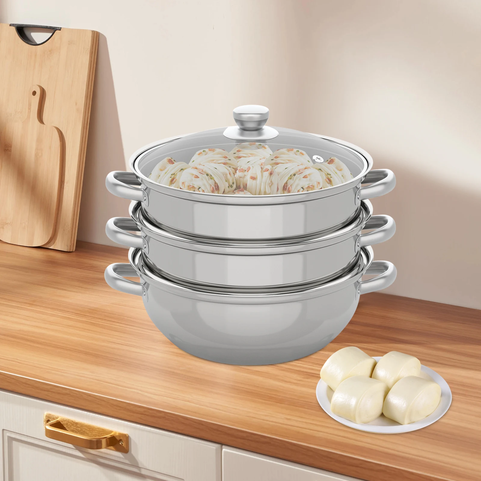 

3 Tier Stainless Steel Steamer Hot Pot Cooker Steam Pot Food Cooking + Glass Lid