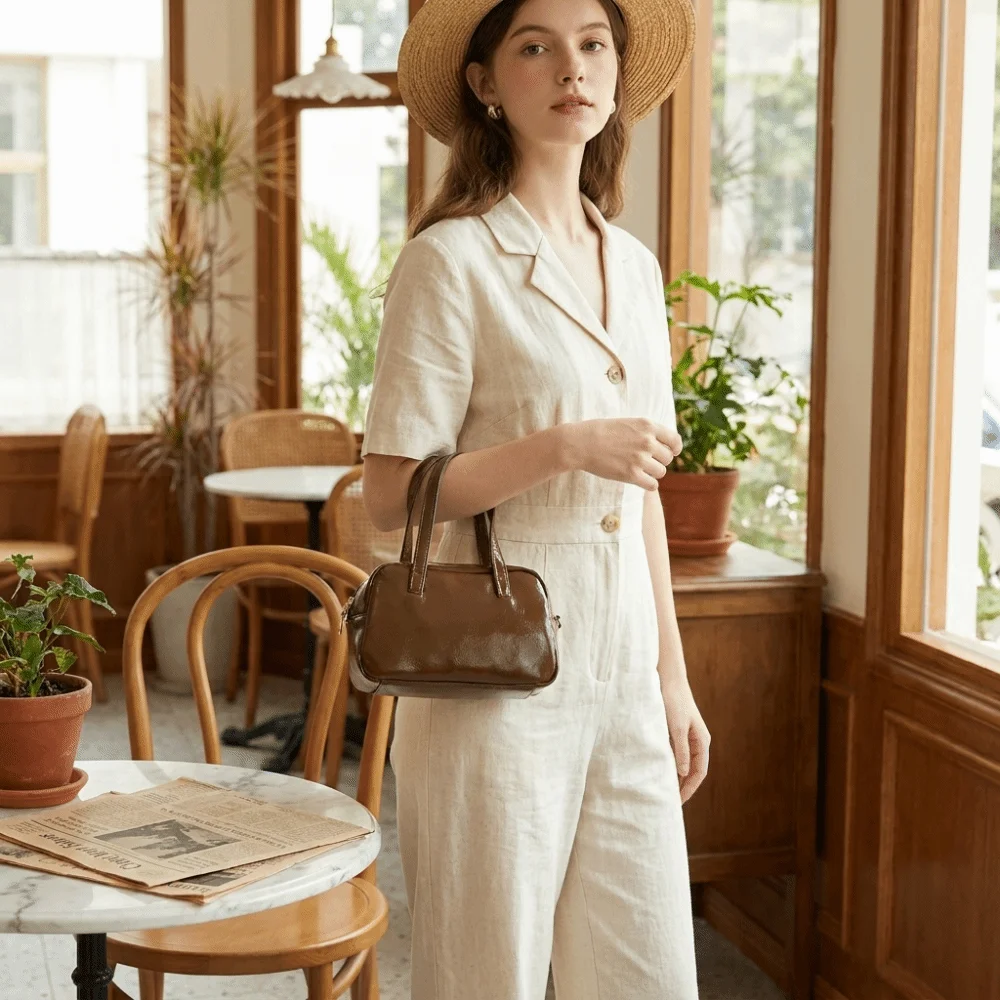 Metallic Faux Leather Boston Bag Double Top Handle Detachable Chain Strap Shoulder Bag Solid Color Mini Size Handbag Women