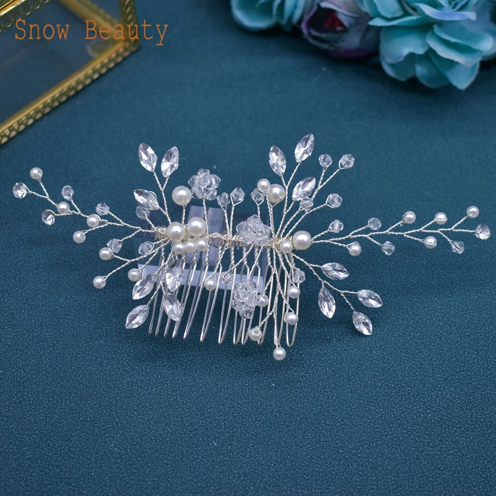 A486 Wedding Crystal Pearls Hair Combs Handmade Hair Jewelry Bridal Headpiece Girls Headdress Women Hairpins Elegant Women Tiara