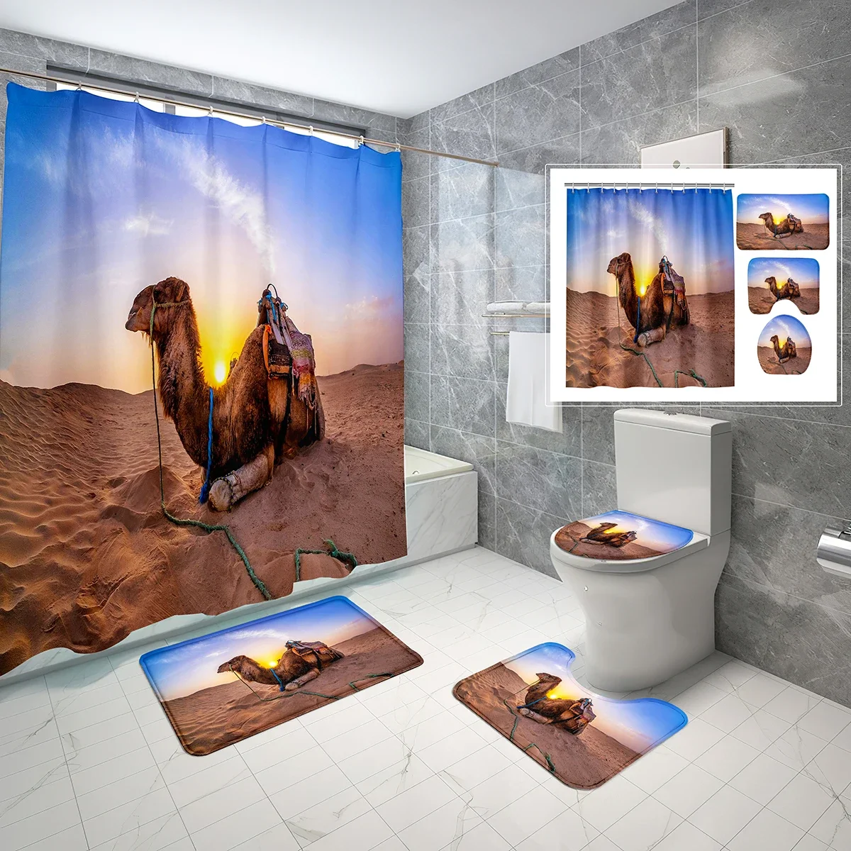 4 Pcs Camel Shower Curtain Set Real Shot Desert Cute Animals Non-Slip Bath Mat Toilet Lid Cover Waterproof Shower Curtain