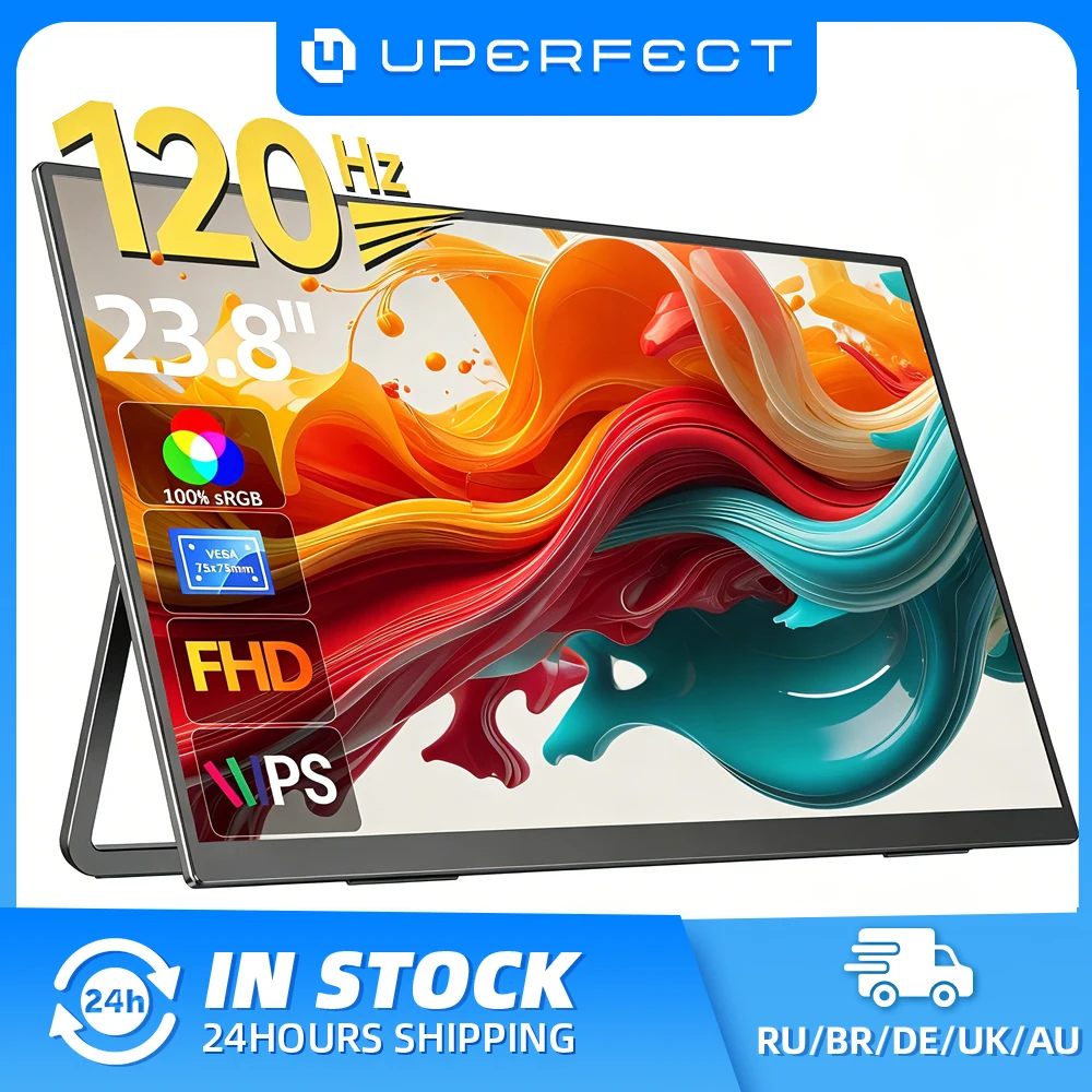 Monitor portátil grande UPERFECT de 23,8" para juegos de computadora, pantalla IPS de 120 Hz, 1080P, USB-C, HDMI, para computadora portátil, Mac, Surface PC, PS4/PS5, Xbox, con soporte, parlantes montables VESA
