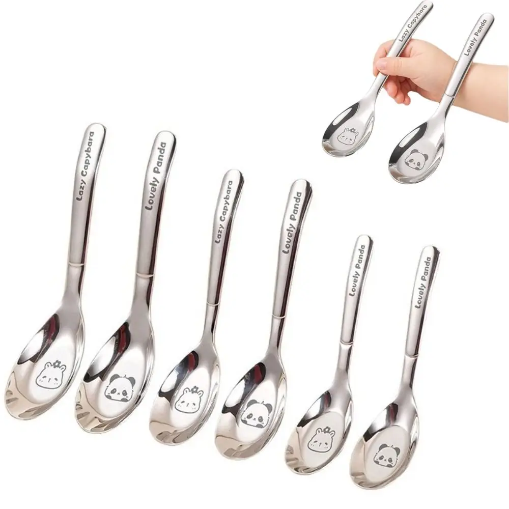 316 Stainless Steel Baby Feeding Spoon Panda Pattern Capybara Pattern Toddler Training Spoon Cartoon Animal Pattern