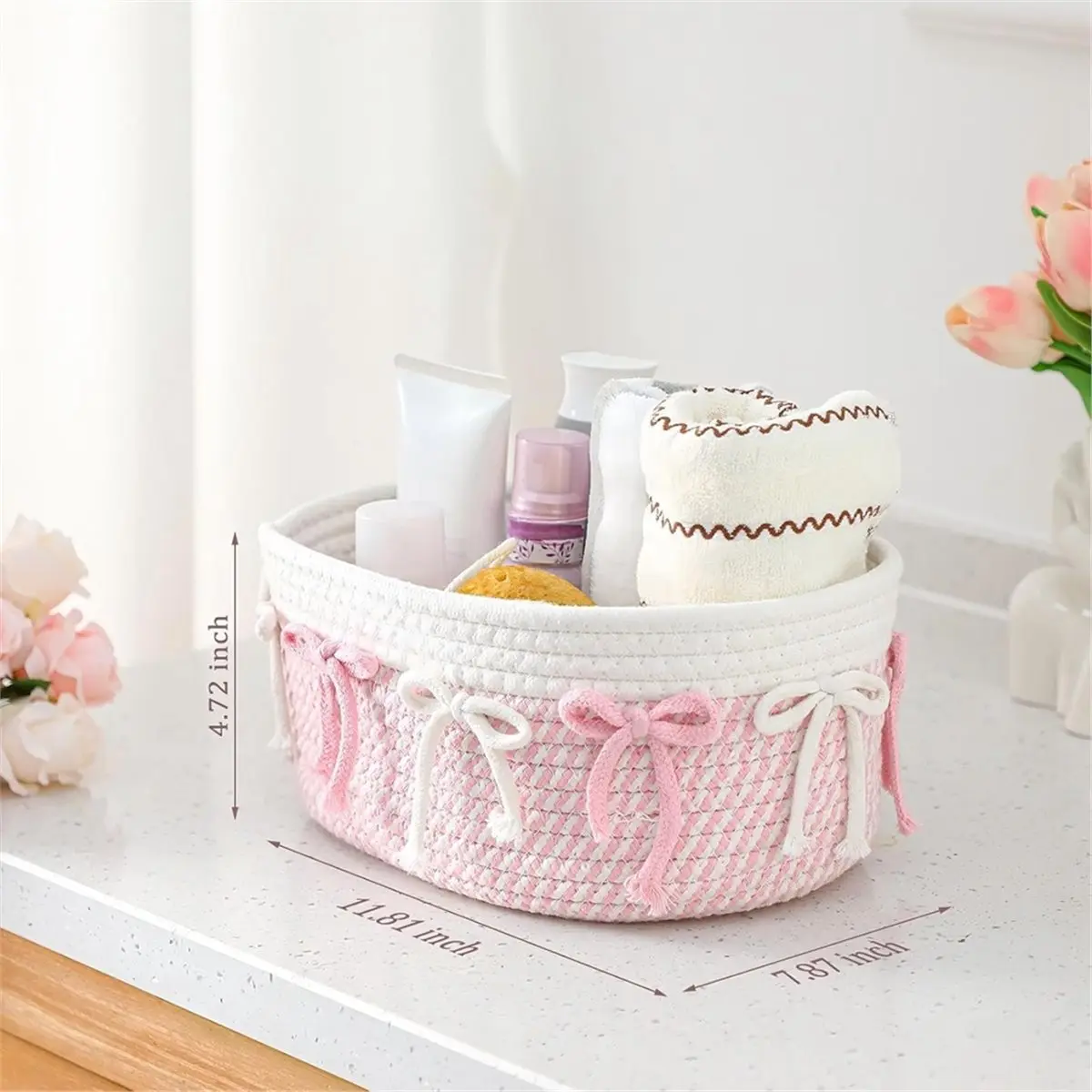 

НОВИНКА 2026: Набор из 3 розовых корзин с бантом для подарков, милые плетеные корзины из веревки, прямоугольные органайзеры для полок, корзины для белья