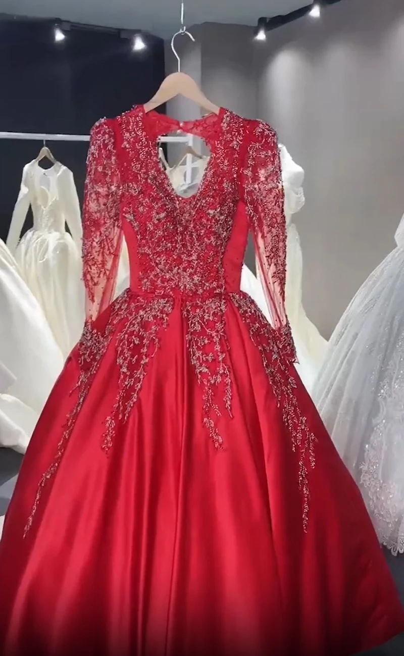 Abiti da sposa rossi Abito da cerimonia nuziale con scollo a V profondo Abito da ballo da sposa a maniche lunghe Colore e dimensioni personalizzati 2025