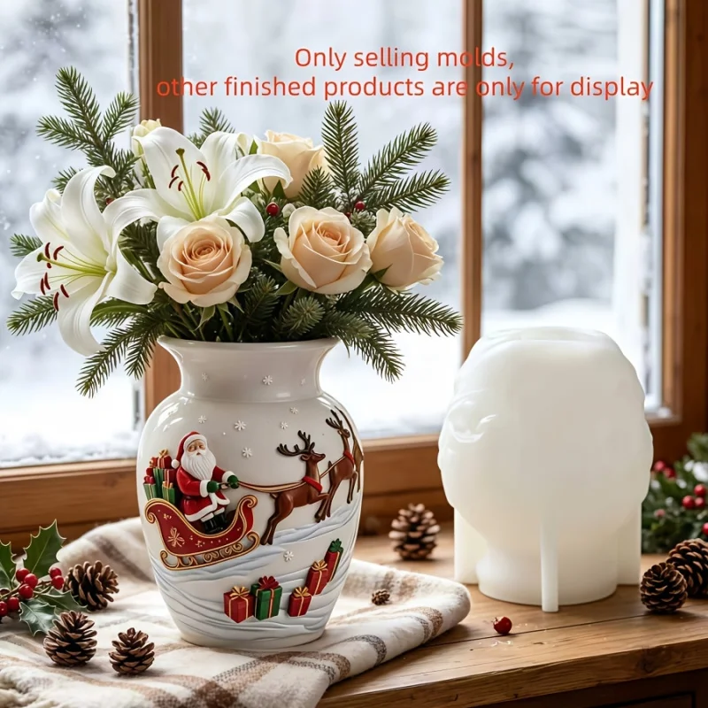 Resin Silicone Mold Santa Claus Sleigh Reindeer Vase Resin Silicone Mold Winter Snowflake Christmas Gift Box Relief Flower Pot