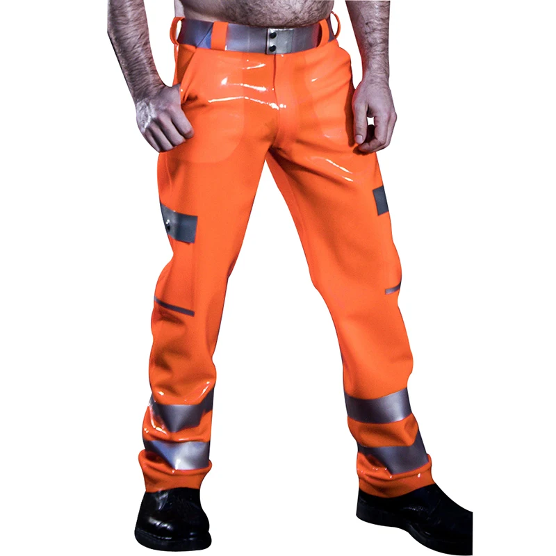 Silver And Orange Sexy Latex Cargo Pants With Zippers Buttons Pockets Rubber Leggings Jeans Trousers Plus Size CK-0115