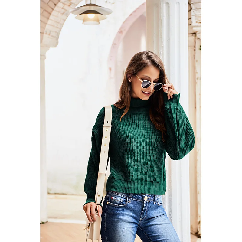 Sweater rajut leher tinggi wanita, switer Retro lengan panjang leher tinggi musim gugur dan musim dingin