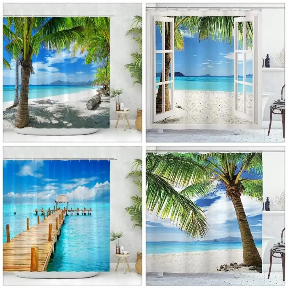 Seaside Scenery Bathroom Shower Curtain Tropical Ocean Beach Palm Tree Leaf Washable Shower Curtains Polyester Fabric Home Decor