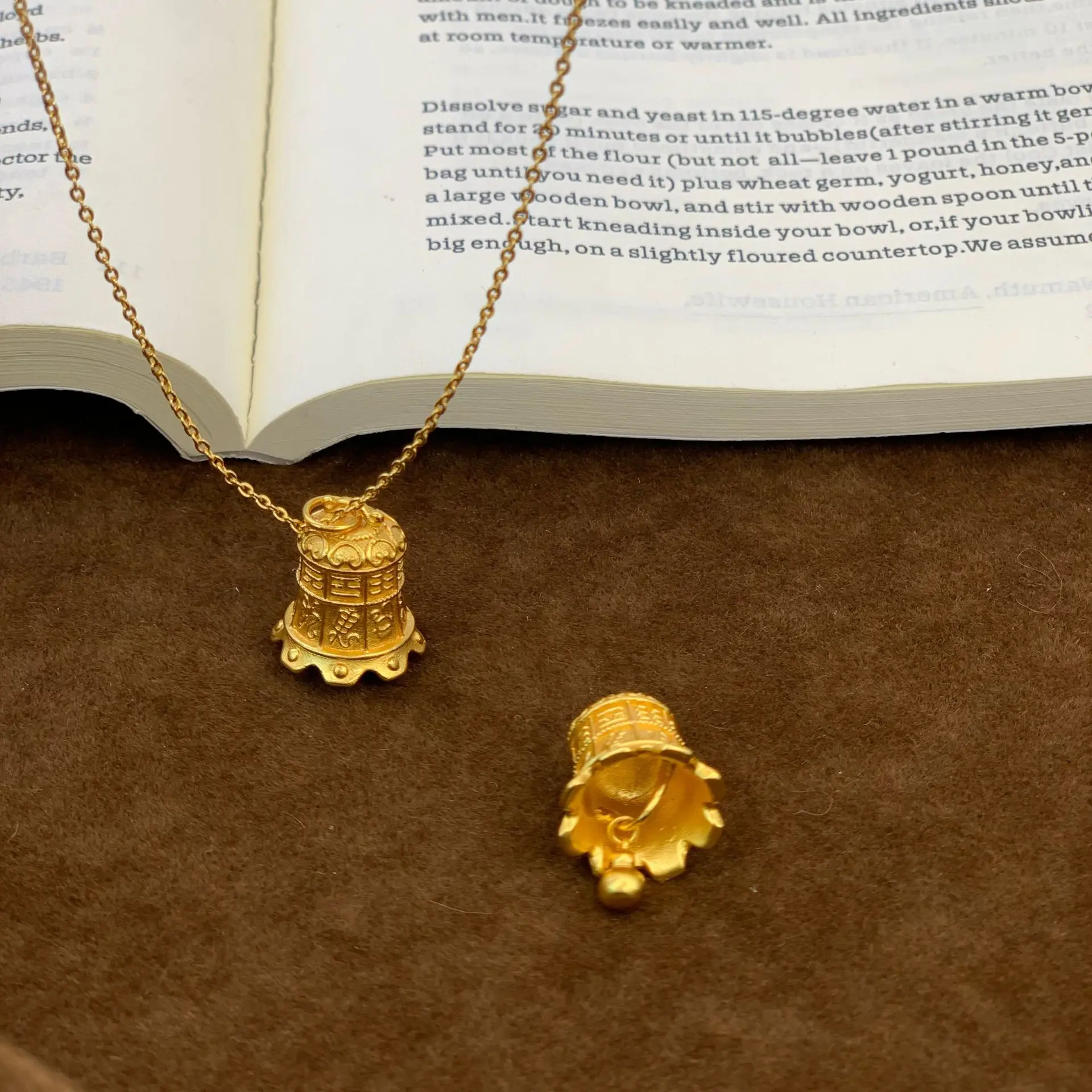 Chinese Style 24k Gold Plated Vajra Bell Pendant Auspicious Eight Treasures Lucky Blessing Wealth Attracting Unisex No Necklace