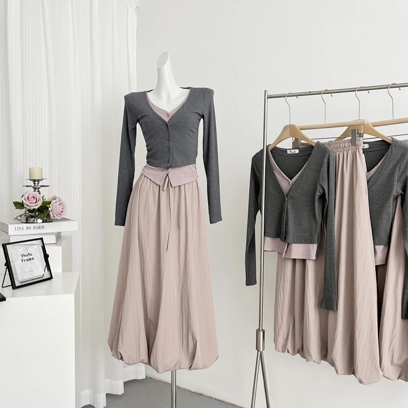 

Casual Loose Pink 2 Piece Sets Women Outfit Woman 2025 Elegant Long Sleeve Tops High Waist Ankle Length Skirt Set Female