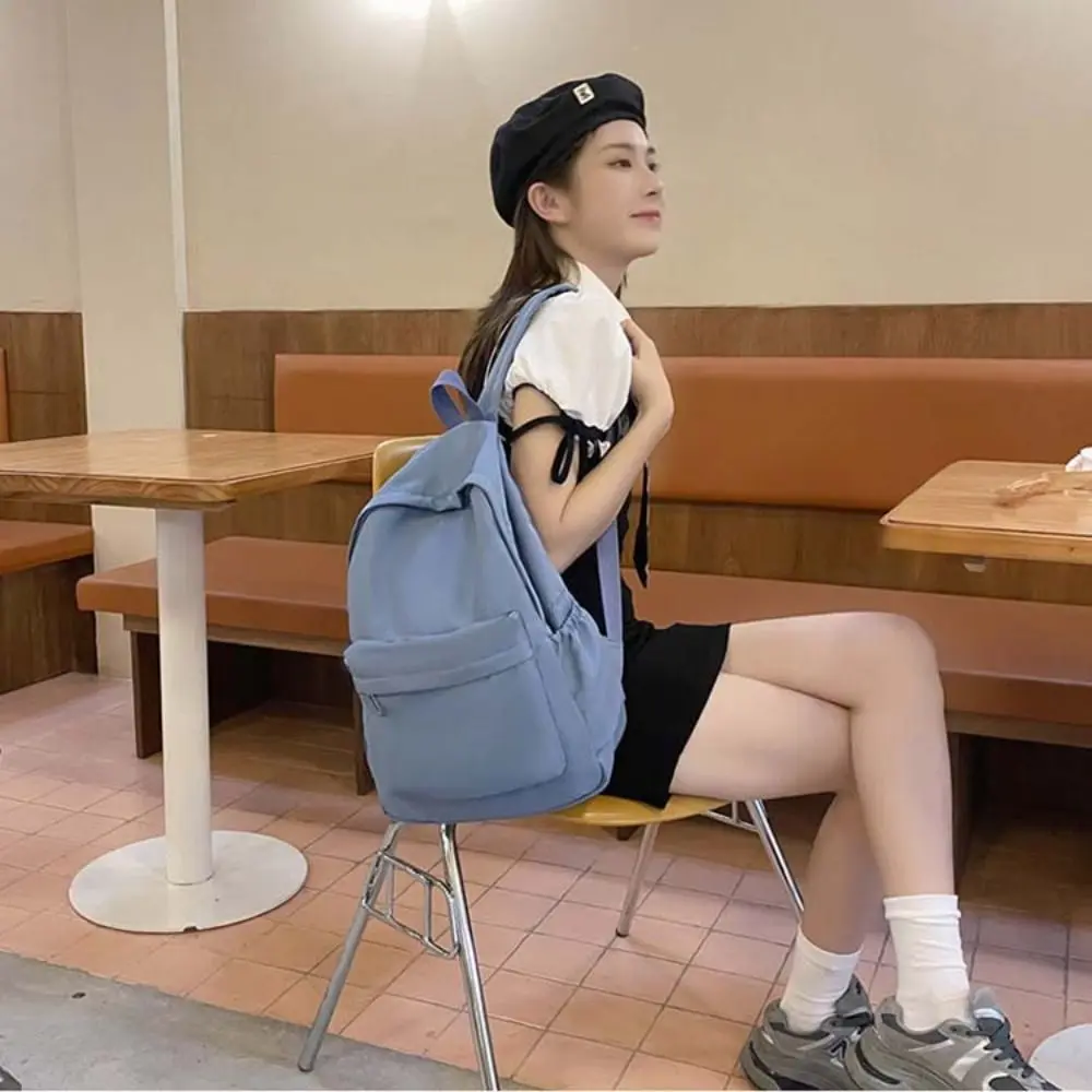 Solid Color Preppy Style Backpack Large Capacity Nylon Students School Bag Storage Bag Korean Style Teenagers Shoulder Bag
