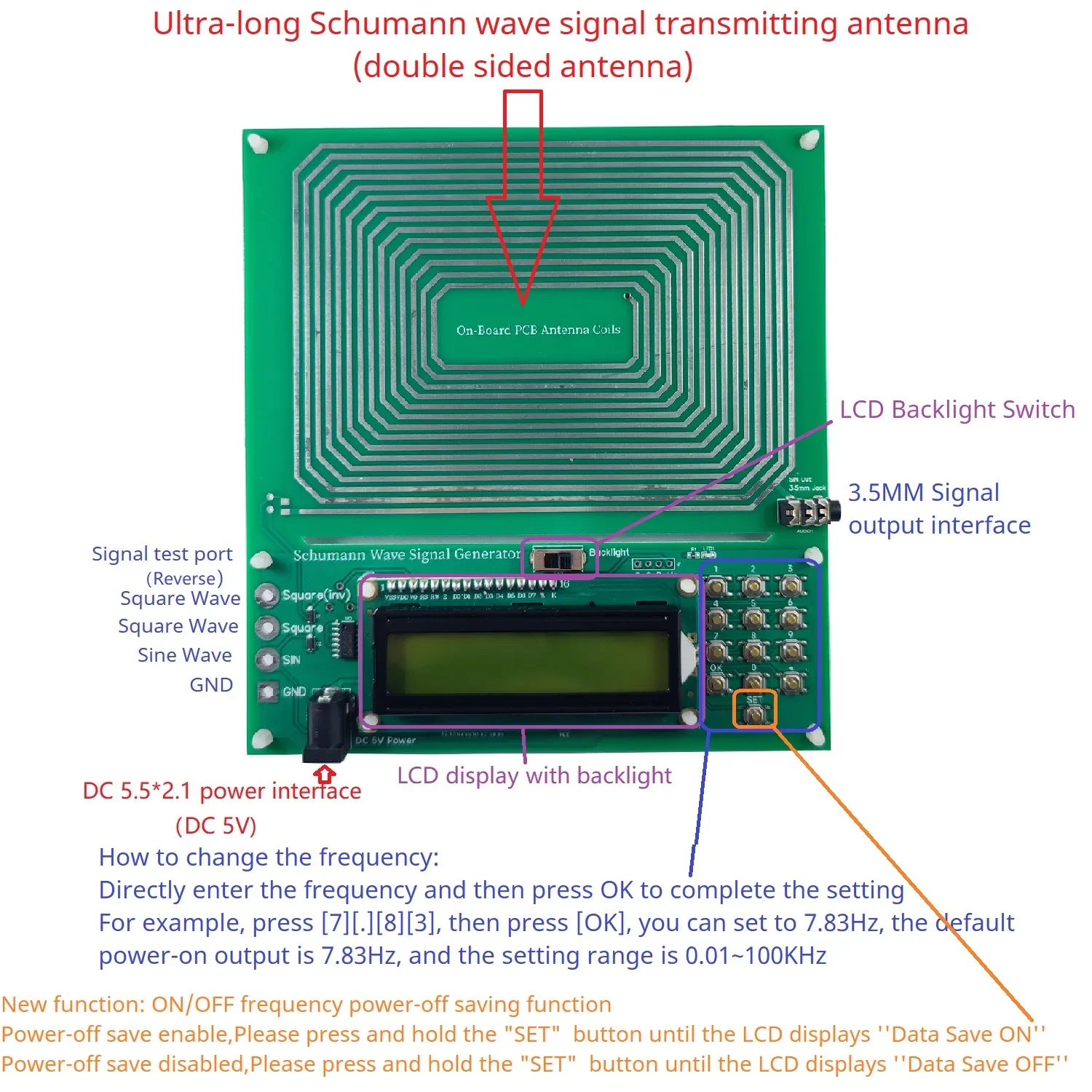 Continuously Adjustable Schumann Resonance Signal Generator 0.01HZ-100KHZ SR 7.83 with Power Overcurrent Overvoltage Protection
