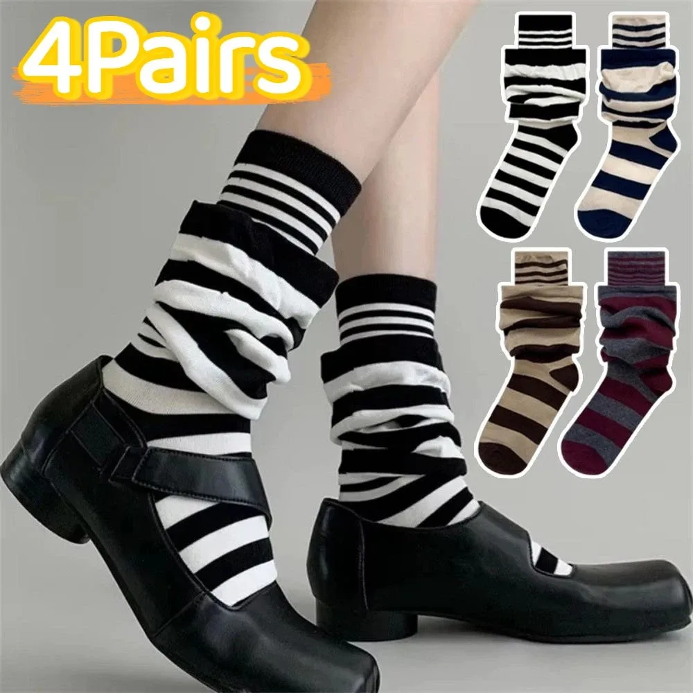 

4Pairs Fake Two Piece Ruffle Stripe Stocking Warm Patchwork Women's Leg Warmers Comfortable Loose Mid-tube Socks Home Wear
