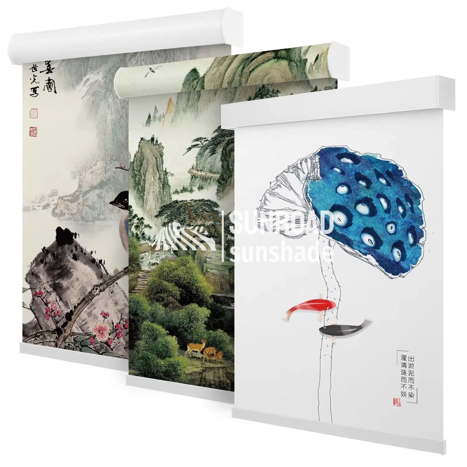 Maßgeschneiderte chinesische Malerei Kunst Rollos Fengshui Dekor gedruckte Jalousien für Wohnzimmer Schlafzimmer Dekoration