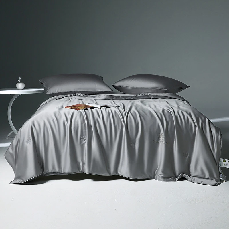 Summer Reversible Solid Color Texture Silky Bedding Set Luxury Lyocell Cool Feeling Summer Quilt Set Flat Sheet Pillowcases