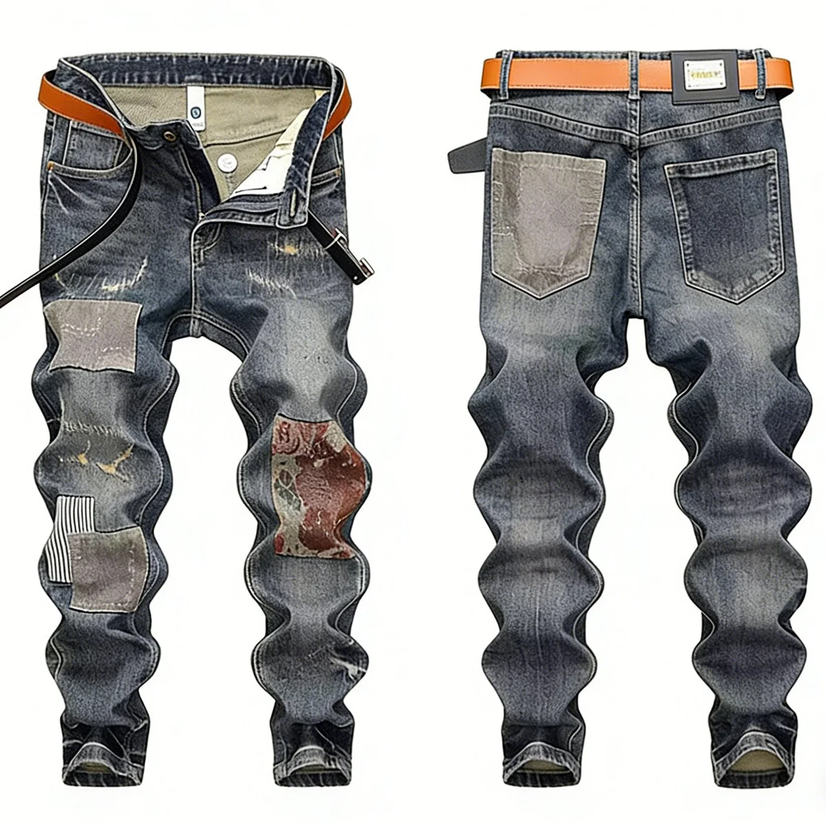 

Men's Retro Jeans With Irregular Hole Patches Rugged Handsome Youth High-quality Slim fit and Small Feet Workwear Style
