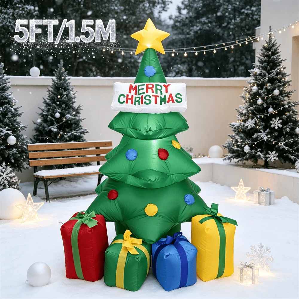 5FT/1.5M Inflatable Model Toy Green Christmas Tree With Star Top Merry Christmas Sign Colorful Gift Boxes with LED Yard Decor