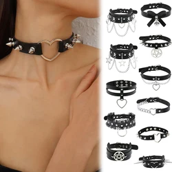 1Pc Y2K Women Cosplay Party Gothic Star Pentagram Choker Personalized Men Punk Spike Rivet Round  Black Leather Torques Jewelry