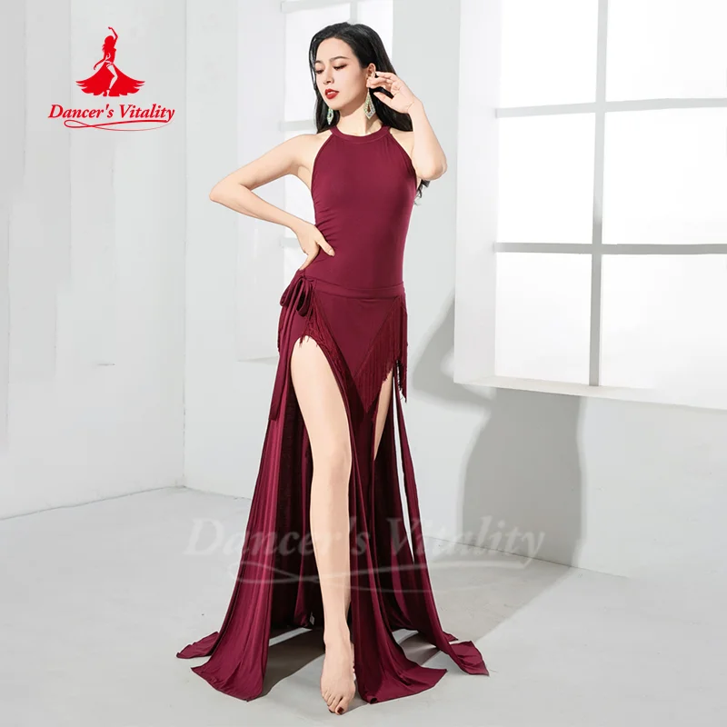 Bauchtanz-Kostüm für Damen, sexy rückenfreies Kleid + Quasten-Hüfttuch, 2-teilig, für Erwachsene, orientalischer Tanz, professionelles Übungs-Outfit