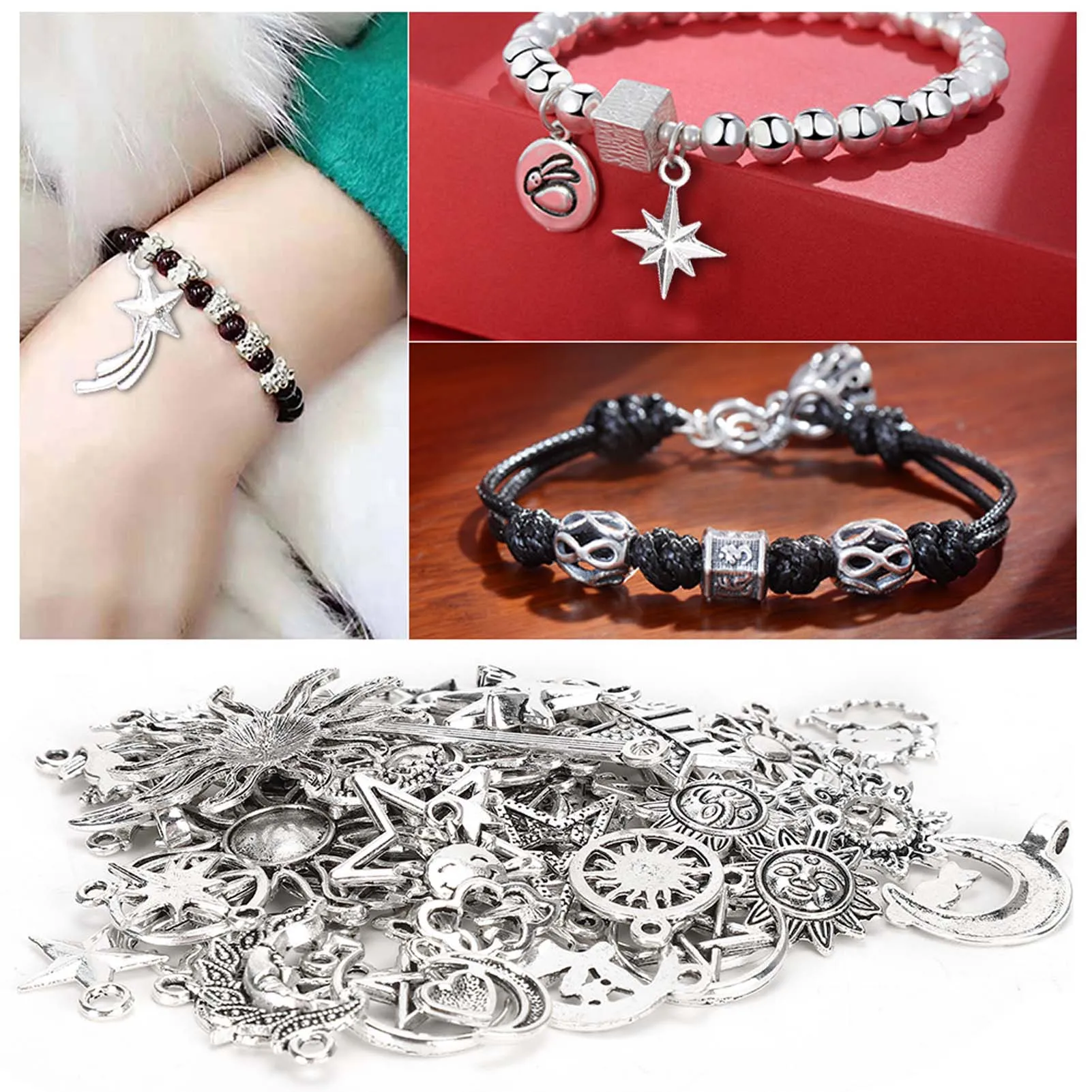 70pcs Tibetan Silver Sun Moon Star Pattern Pendants Jewelry Making Accessory for DIY Necklace Bracelet  Bracelet Accessories