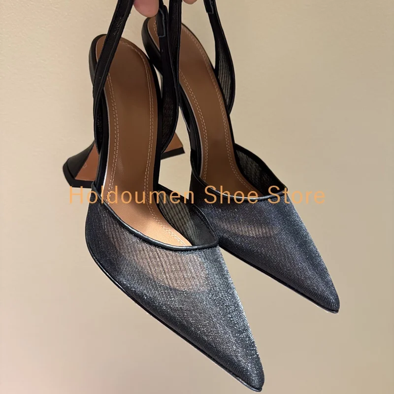 

Fashion Lady Wrapped Point Toe Lace Hollow Mesh High Heel Sandal Sexy Slingback Back Strap Cup Heels Sandal Nightclub Party Shoe