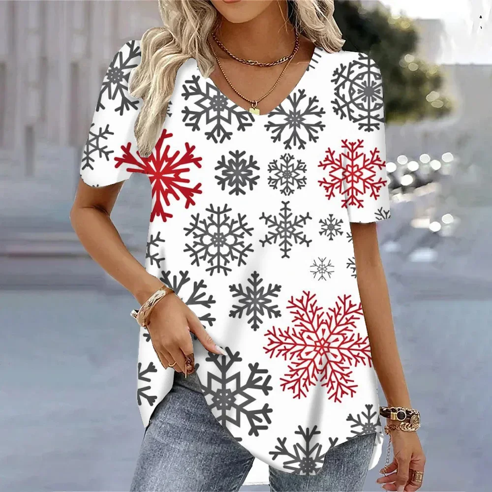 Moda nuova manica corta estate 3d modello fiocco di neve scollo a V top per le donne moda magliette abbigliamento sportivo Streetwear donna Y2K Shir