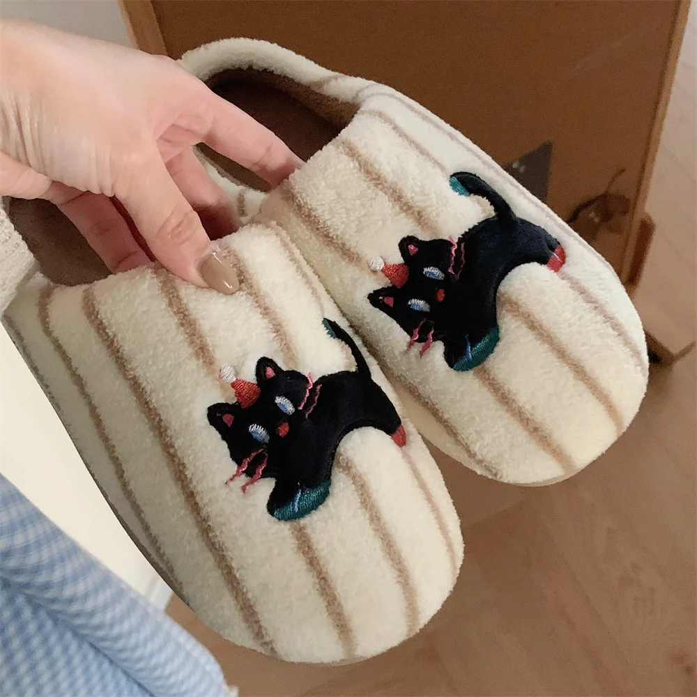 

Newest couple cat warm slippers for women concise home slides shoes wife husband indoor fuzzy slipper unisex bedroom shoe 44 45