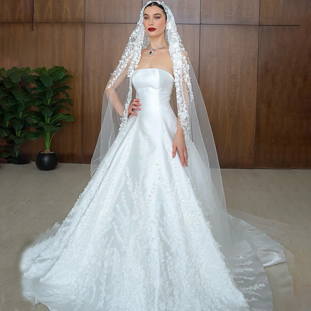 

Elegant Wedding Dresses Strapless Sleeveless A-Line Women Bride Dress Appliques Stain Bridal Gown Customized vestidos de novia