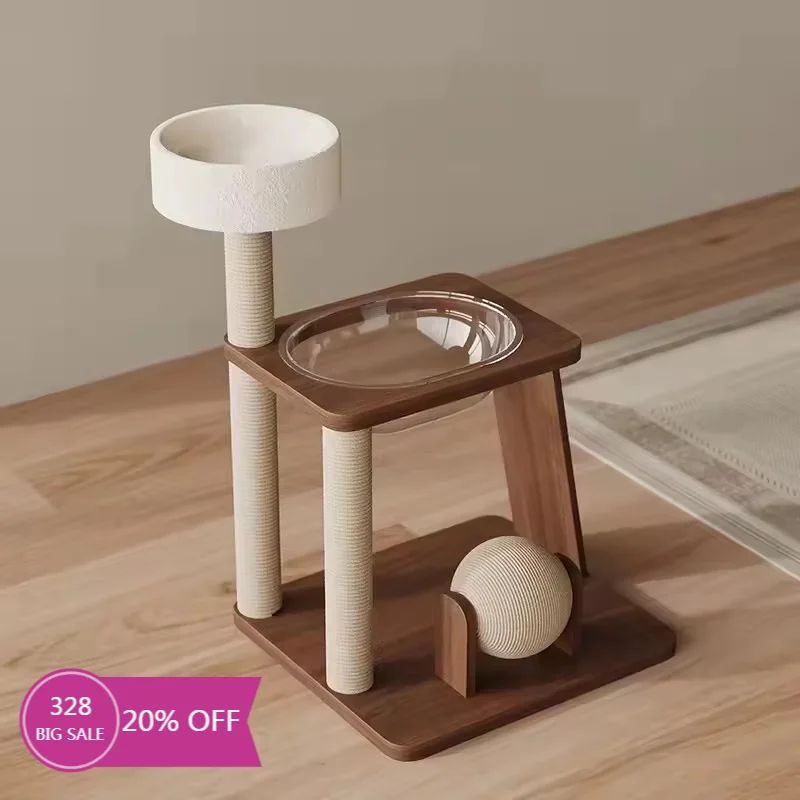 Luxury Modern Rubber Wood Eco-Friendly Cat Climbing Frame with Sisal and Plush Nest Carton Packed